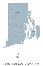 Rhode Island, US-Bundesstaat unterteilt in 5 Bezirke, graue politische Karte mit Grenzen und Bezirksnamen. New England Region Bundesstaat Nordosten der Vereinigten Staaten, Spitznamen Ocean State, und Little Rhody.