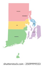 Rhode Island, U.S. state, subdivided into 5 counties, multi colored political map with capital Providence, and borders. State in the New England region of USA, nicknamed Ocean State, and Little Rhody.