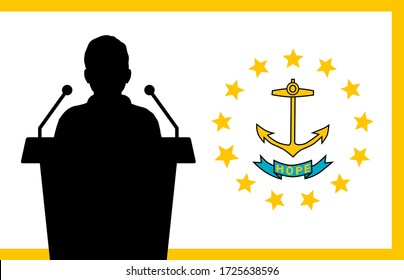 Rhode Island USA Flag Background Man spricht. Konzept der Konferenz zur Präsentation von Geschäftsleuten