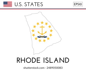 Rhode Island USA state map shape with flag. Map of Rhode Island in the Rhode Island flag colors. Outline map filled with its flag colors. Vector illustration.