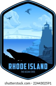 Rhode Island vector label with Harbor seal and seagulls near lighthouse