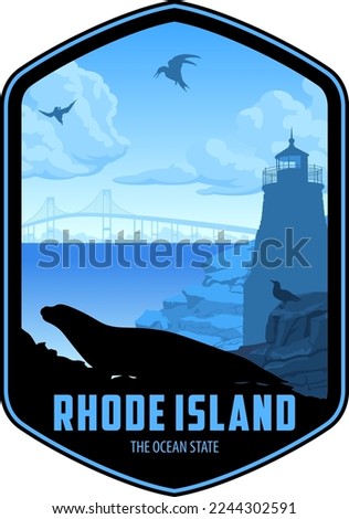 Rhode Island vector label with Harbor seal and seagulls near lighthouse