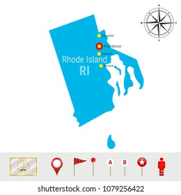 Rhode Island Vector Map Isolated on White. High Detailed Silhouette of Rhode Island State. Vector Flag of Rhode Island. 3D Map Markers or Pointers, Navigation Elements. Rose of Wind or Compass Icon