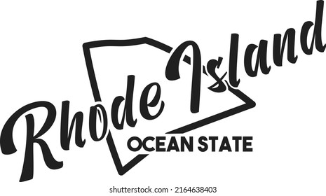 Rhode Island vector silhouette. Nickname inscription Ocean State. Image for US poster, banner, print, decor, United States of America card. Hand-drawn illustration map of the USA territory