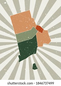 Rhode Island vintage map. Grunge poster with map of the US state in retro color palette. Shape of Rhode Island with sunburst rays background. Vector illustration.