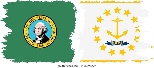 Rhode Island and Washington states grunge brush flags connection, vector