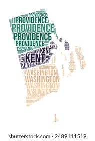 In: Rhode Island Word Cloud. Staatsform mit Bezirksteilung. In: Rhode Island Typography Style Bild. In: County names tag clouds. Vektorillustration.