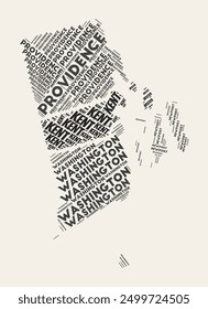 Rhode Island Word Cloud. State with counties division. Rhode Island typographic text clouds vector image design. Vintage gazette style state shape image. Vibrant vector illustration.