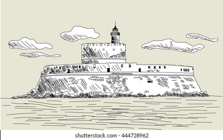 Rhodes ancient fort..  Vector illustration. 