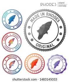 Rhodes badge. Colorful polygonal island symbol. Multicolored geometric Rhodes logos set. Vector illustration.