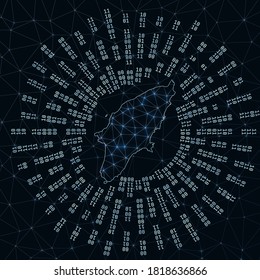 Rhodes digital map. Binary rays radiating around glowing island. Internet connections and data exchange design. Vector illutration.