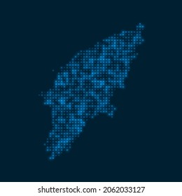 Rhodes salpicó un mapa brillante. Forma de la isla con bombillas azules brillantes. Ilustración vectorial.