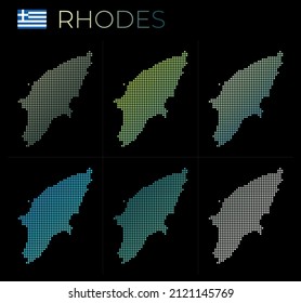 Rhodos gepunkteter Kartensatz. Karte von Rhodes im gepunkteten Stil. Grenzen der Insel gefüllt mit schönen glatten Gradientenzirkeln. Anziehende Vektorgrafik.