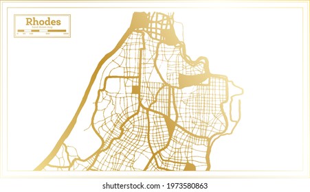 Rhodes Greece City Map in Retro Style in Golden Color. Outline Map. Vector Illustration.