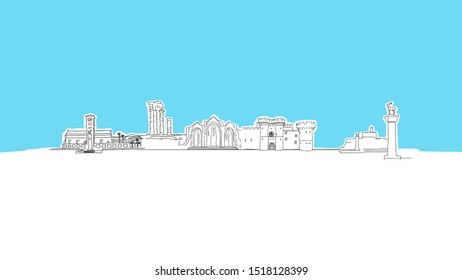 Rhodes Greece Lineart Vector Sketch. and Drawn Illustration on blue background.