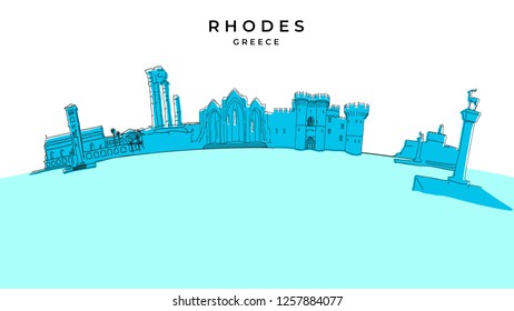 Rhodes Greece panorama. Hand-drawn vector illustration. Famous travel destinations series.