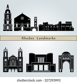 Rhodes landmarks and monuments isolated on blue background in editable vector file