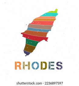 Rhodes map design. Shape of the island with beautiful geometric waves and grunge texture. Artistic vector illustration.
