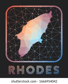Rhodes map design. Vector low poly map of the island. Rhodes icon in geometric style. The island shape with polygnal gradient and mesh on dark background.