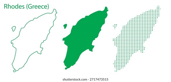 Conjunto de vetor do mapa de Rhodes, Grécia Island contorno Silhueta pontilhada formas verdes, Rhodes Country Infographic Template, Editável EPS Rhodes Geografia