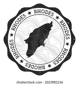 Rhodes outdoor stamp. Round sticker with map of island with topographic isolines. Vector illustration. Can be used as insignia, logotype, label, sticker or badge of the Rhodes.