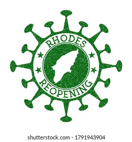 Rhodes Reopening Stamp. Green round badge of island with map of Rhodes. Island opening after lockdown. Vector illustration.