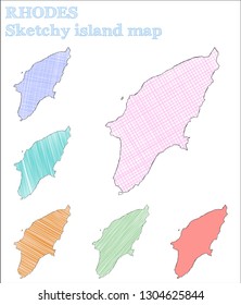 Rhodes sketchy island map. Fetching hand-drawn illustration in a fresh, childish style.