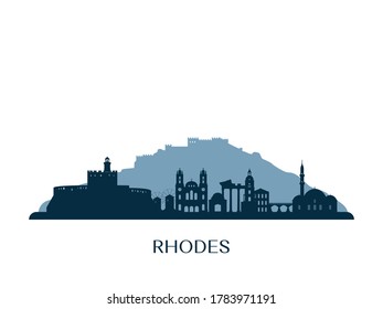 Rhodes skyline, monochrome silhouette. Vector illustration.