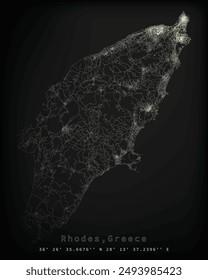 Rodas, Grecia, mapa de luces de calle. Vista satelital de la ciudad moderna por la noche. Imitación de la visión Aéreas en la red de carreteras. Imagen de Vector