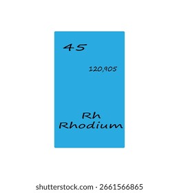 Rhodium element block. Atomic number forty five. Chemical symbol Vector. Vibrant blue background.