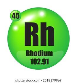 Rhodium icon. Rh chemical element. Atomic number 45. Mass 102.91. Green sphere.