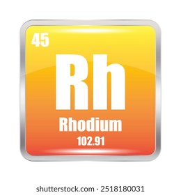 Rhodium icon. Rh chemical element. Atomic number 45. Mass 102.91. Yellow square.