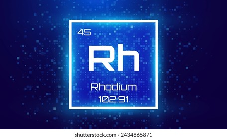 Rodio. Elemento de tabla periódica con el símbolo Rh. Tarjeta de elemento químico con número y peso atómico. Diseño para Educación, Laboratorio, Clase de Ciencias. Ilustración vectorial.