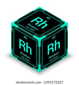 Rhodium (Rh) (045) - Fundamental Element Futuristic Cybernetic Cube Block Isometric View, Icon Isolated White Background, Periodic Table, Chemical Symbol, Name, Atomic Mass, Atomic Number