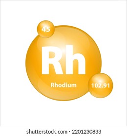 Estructura del icono del rodio (Rh) elemento químico forma redonda círculo amarillo oscuro. Elemento químico de la tabla periódica Signo con número atómico. Estudio en ciencia para la educación. Vector de ilustración 3D. 