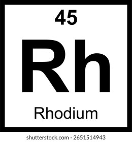 Rhodium (Rh) periodic table of elements tile. Icon with atomic number 45. Rare and valuable precious metal used in automotive catalytic converters.