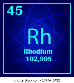 Rhodium simple style tile icon. Chemical element of periodic table. Atom on a blue background