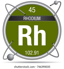 Rhodium symbol  inside a metal ring with colored background and spheres orbiting around. Element number 45 of the Periodic Table of the Elements - Chemistry 