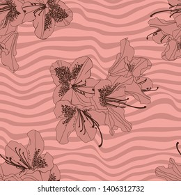 Rhododendron Cosmopolitan flowers in pale coral shade  with brown outline on horizontal wavy stripes darker and lighter shade of pale coral shades. Seamless vector pattern. 
