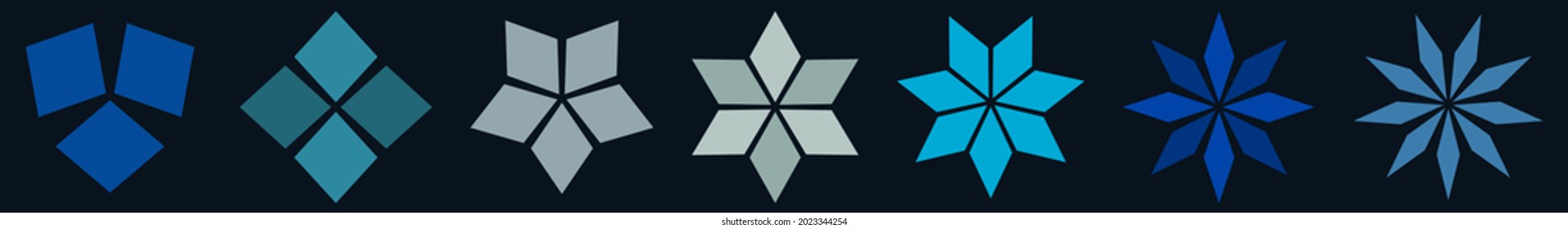 Rhomb or diamond like shapes arranged around centre, forming objects similar to snowflake. Version with different number of points