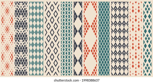 Rhomb seamless geometric vector pattern set, rhombus simple black and white wallpaper background, ethnic folk embroidery or carpet style image collection.