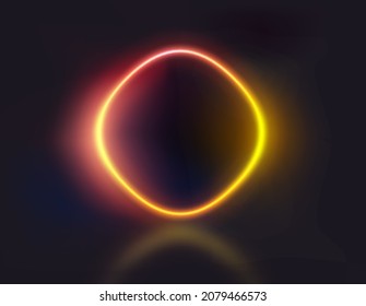 Rhomb shape yellow and red neon glowing frame on dark background. Template for design
