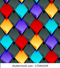 Rhomb texture, seamless. Red, violet, blue, yellow. 3d colorful vector texture. Rhombus texture.