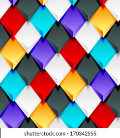 Rhomb texture, seamless. Red, violet, blue, yellow. 3d colorful vector texture. Rhombus texture.