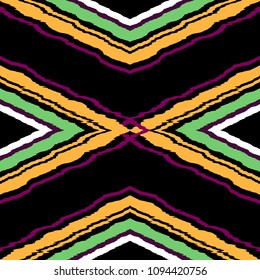 Rhombic bright seamless pattern on black background. Abstract ethnic textures. Suitable for fabrics, clothing, Wallpaper, paper, tableware, decorating any surfaces.