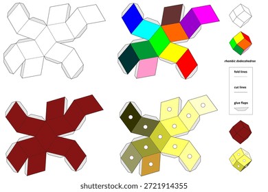 Redes geométricas de dodecaedro rómbico: 4 variaciones para la ciencia y la artesanía de papel. Un conjunto profesional de 4 Plantillas plegables de papel rombico dodecaedro (redes) para el modelado geométrico 3D. La colección presenta: un marco de alambre de línea negra limpia, una versión sólida de color borgoña que representa los hábitos naturales del cristal granate, un diseño vibrante multicolor y una versión sombreada de color amarillo-verde con motivos circulares decorativos. Cada Plantilla incluye un ícono de Hacer visto previo 3D, pestañas de ensamblaje y una leyenda en inglés para 'líneas de corte' y 'líneas de doblez'. Ideal para proyectos de mineralogía, educación STEM y pasatiempos creativos.