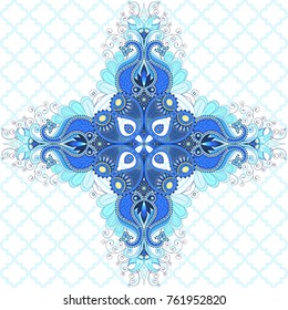 Rhombic element of oriental ornament on a background with a Moroccan geometric pattern. Floral paisley pattern with blue bird feathers