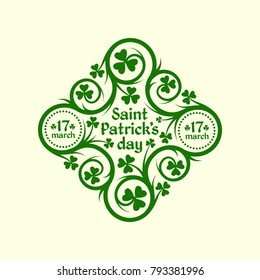 Rhombic label with shamrock leaves and floral ornament. Vector illustration.