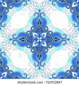 Rhombic oriental ornament on a background with a snowflakes. Floral paisley pattern with blue bird feathers