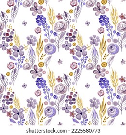 Rhombic pattern of flowers, berries, leaves and branches. Violet, pink, brown shades. Seamless vector image.